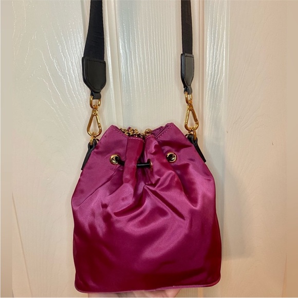 NEW!!! Versace Deep Fuschia Nylon and Black Leather Drawstring Bucket Bag - Picture 5 of 15